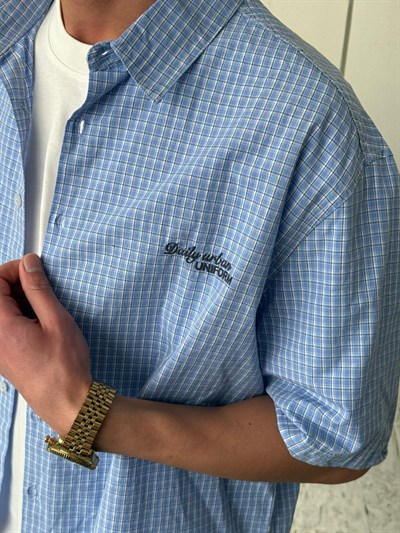 Kareli Kısa Kollu Mavi Gömlek