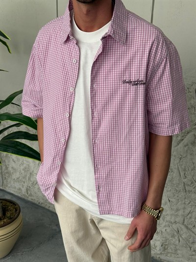 Kareli Kısa Kollu Pembe Gömlek 