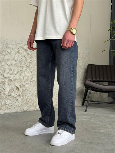 Kırçıllı Koyu Yıkamalı Baggy Mavi Kot 