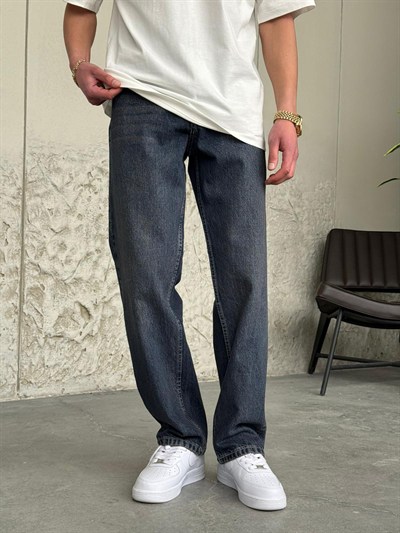 Kırçıllı Koyu Yıkamalı Baggy Mavi Kot 