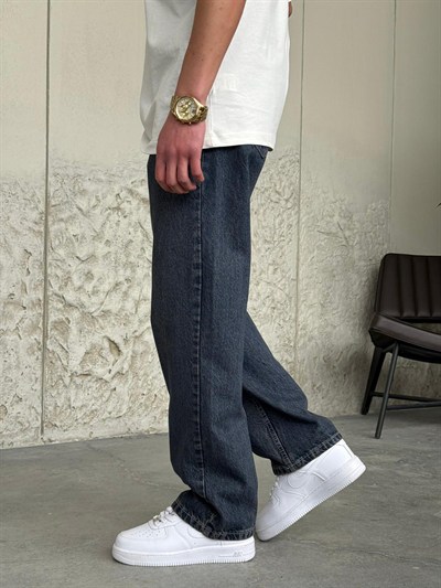 Kırçıllı Koyu Yıkamalı Baggy Mavi Kot 