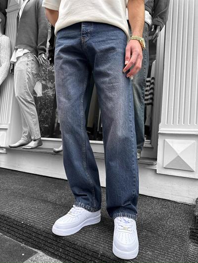 Koyu Mavi Taşlamalı Baggy Pantolon