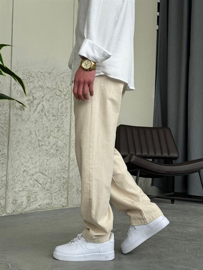 Krem Baggy Keten Pantolon