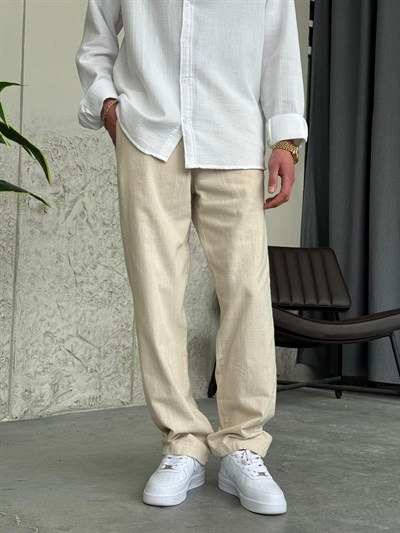 Krem Baggy Keten Pantolon