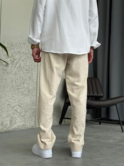 Krem Baggy Keten Pantolon