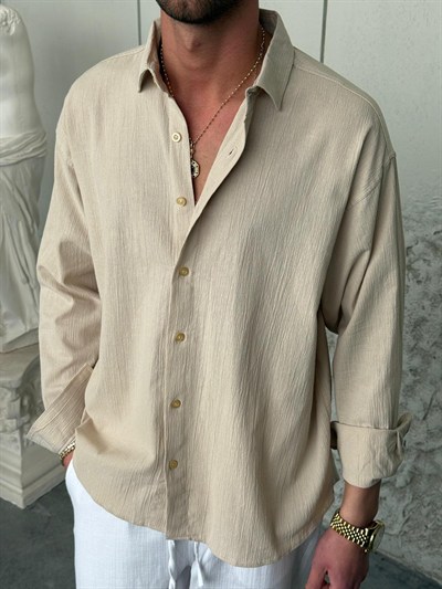 Krinkıl Kumaş Oversıze Keten Krem Gömlek