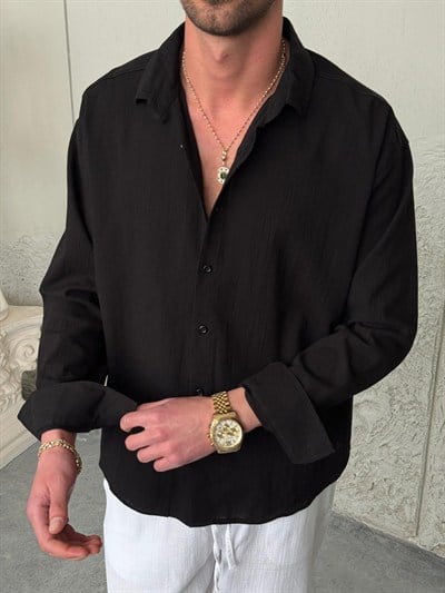 Krinkıl Kumaş Oversıze Keten Siyah Gömlek