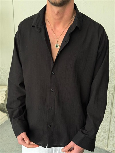 Krinkıl Kumaş Oversıze Keten Siyah Gömlek