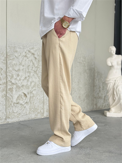 Krinkıl Kumaş Regular Kalıp Krem Pantolon