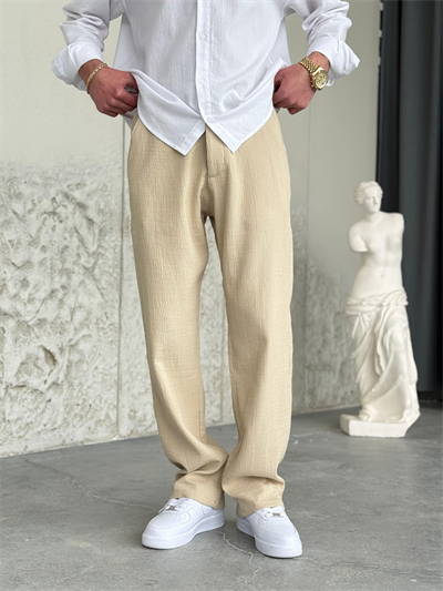 Krinkıl Kumaş Regular Kalıp Krem Pantolon