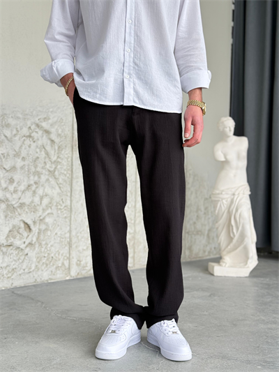 Krinkıl Kumaş Regular Kalıp Siyah Pantolon