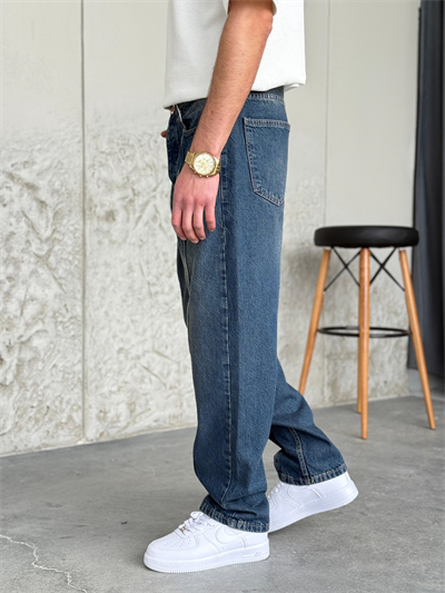 Lacivert Asit Yıkamalı Şeritli Baggy Pantolon