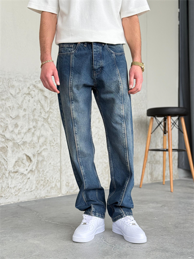 Lacivert Asit Yıkamalı Şeritli Baggy Pantolon