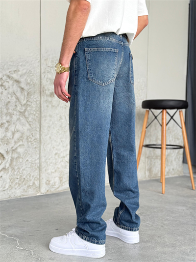 Lacivert Asit Yıkamalı Şeritli Baggy Pantolon