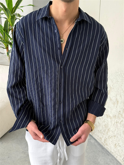 Marakech Çizgili Oversıze Lacivert Gömlek 