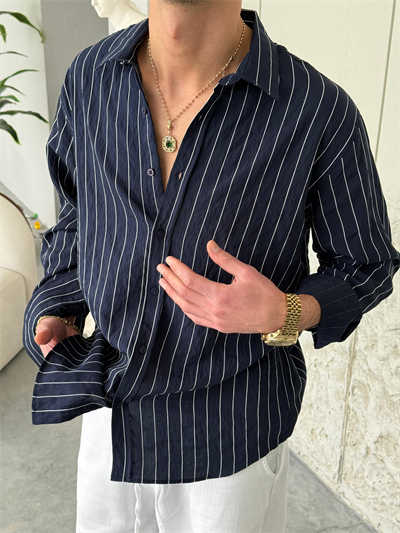 Marakech Çizgili Oversıze Lacivert Gömlek 