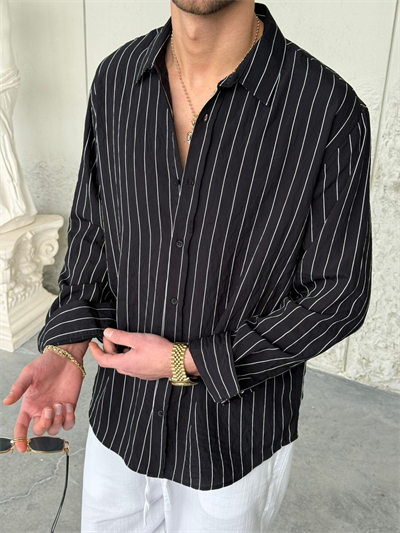 Marakech Çizgili Oversıze Siyah Gömlek