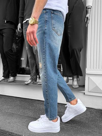 Mavi Yıkamalı Lazerli Boyfriend