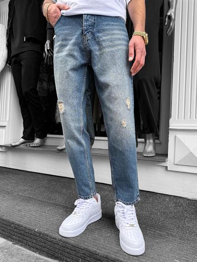 Mavi Yıkamalı Lazerli Boyfriend