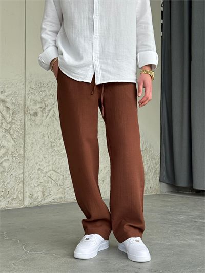 Müslin Kumaş Baggy Kahve Keten Pantolon