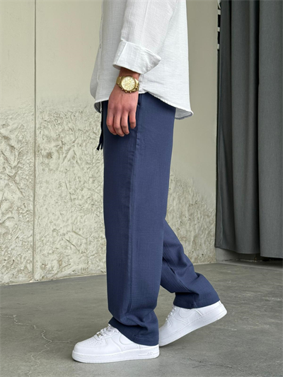 Müslin Kumaş İndigo Baggy Keten Pantolon 