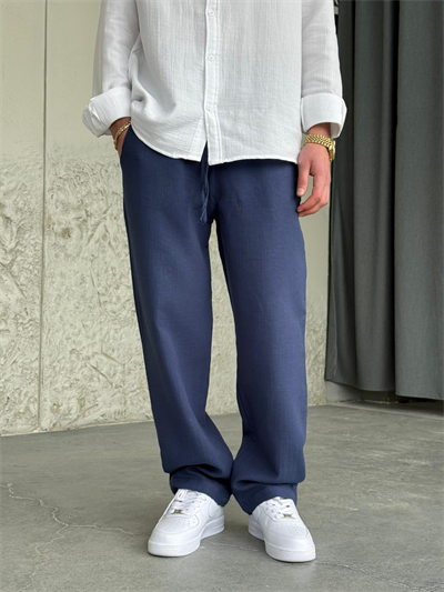 Müslin Kumaş İndigo Baggy Keten Pantolon 