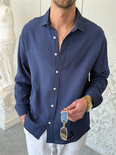 Müslin Kumaş İndigo Oversıze Keten Gömlek