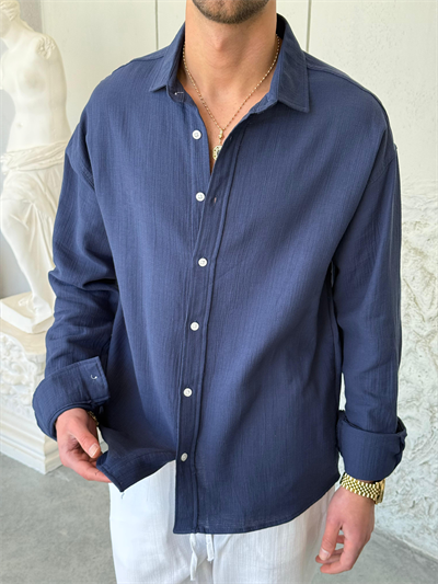 Müslin Kumaş İndigo Oversıze Keten Gömlek