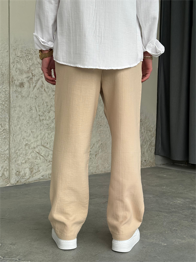 Müslin Kumaş Krem Baggy Keten Pantolon