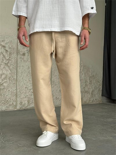 Müslin Kumaş Krem Baggy Keten Pantolon