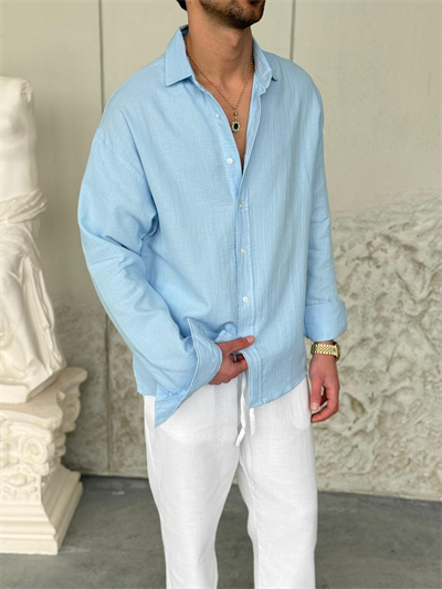 Müslin Kumaş Oversıze Bebe Mavi Gömlek 