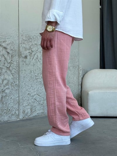 Müslin Kumaş Pembe Keten Pantolon