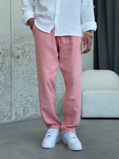 Müslin Kumaş Pembe Keten Pantolon