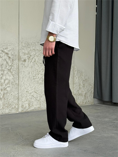 Müslin Kumaş Siyah Baggy Keten Pantolon