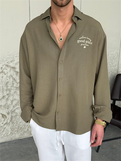 Nakışlı Oversıze Haki Yeşil Keten Gömlek
