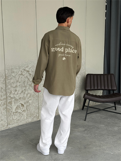 Nakışlı Oversıze Haki Yeşil Keten Gömlek