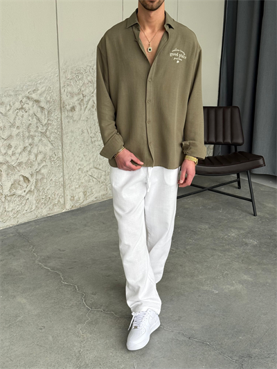 Nakışlı Oversıze Haki Yeşil Keten Gömlek