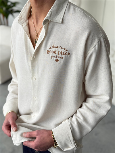 Nakışlı Oversıze Krem Keten Gömlek