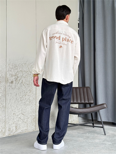 Nakışlı Oversıze Krem Keten Gömlek