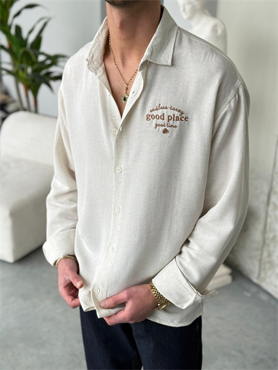 Nakışlı Oversıze Krem Keten Gömlek