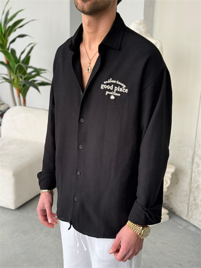 Nakışlı Oversıze Siyah Keten Gömlek 