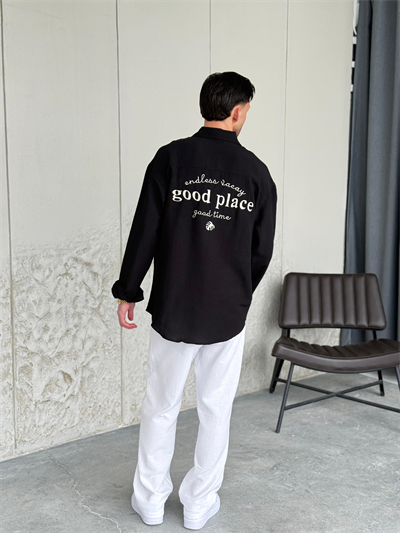 Nakışlı Oversıze Siyah Keten Gömlek 