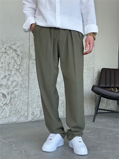 Pileli Baggy Haki Yeşil Kumaş Pantolon 