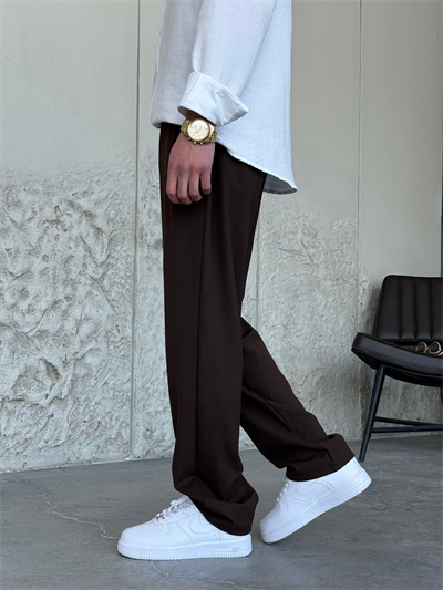 Pileli Baggy Kahve Kumaş Pantolon 