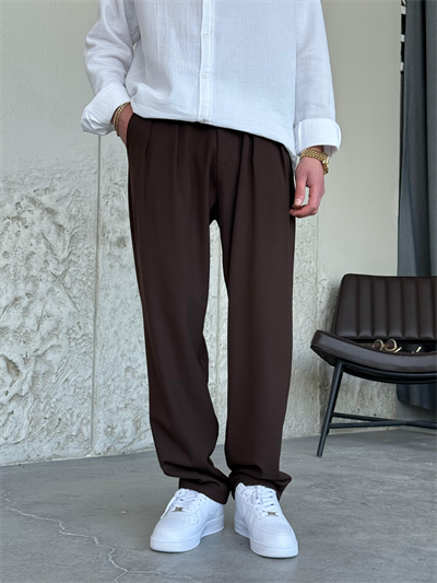 Pileli Baggy Kahve Kumaş Pantolon 