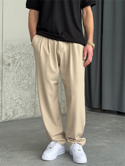 Pileli Baggy Krem Kumaş Pantolon