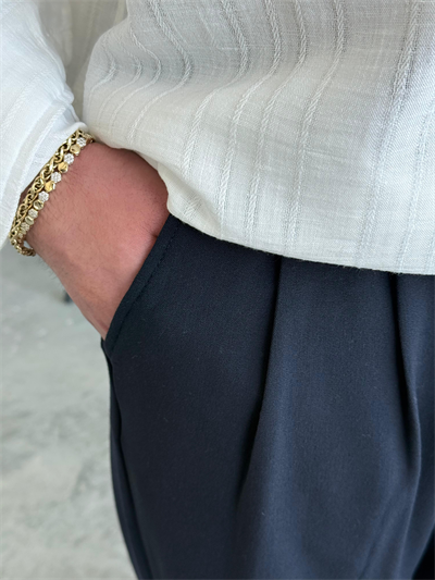 Pileli Baggy Lacivert Kumaş Pantolon 