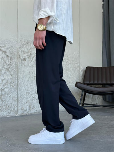 Pileli Baggy Lacivert Kumaş Pantolon 