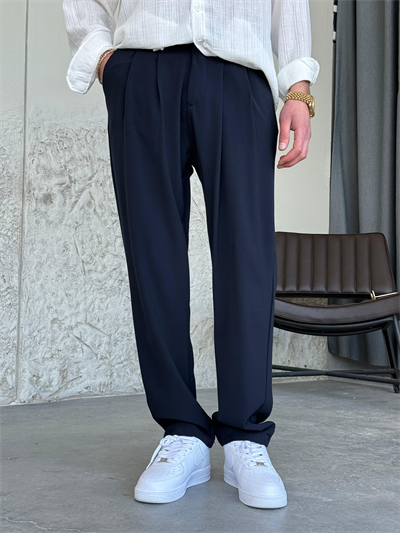 Pileli Baggy Lacivert Kumaş Pantolon 