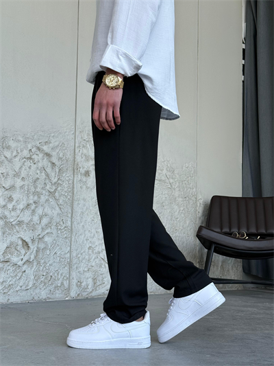 Pileli Baggy Siyah Kumaş Pantolon